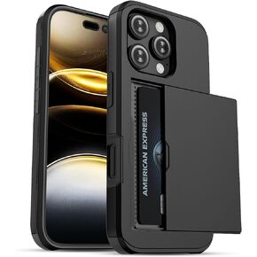 Jiunai for iPhone 16 Pro Case Card Holder Wallet for 2 Cards Slide Hidden Pocket IDs Credit Cards License Protective Dual Layer Wallet Phone Cover Case for iPhone 16 Pro 6.3’’ Men Women - Black