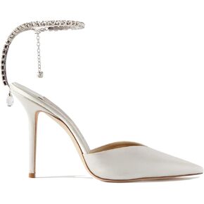 LauraVicci Women's Heeled Sandals Crystal Chain Ankle Straps Rhinestones Buckle High Heels Stiletto Slip On Wedding Party Satin Dress Shoes Size 10 White