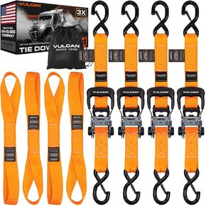 VULCAN Ratchet Strap Tie Down Kit - 1.6" x 8' - 3X Stronger Than 1" Tie Downs - Camouflage - (4) Ratchets with Rubber Handles, (4) 8' Straps with Latching S-Hooks, (4) Soft Loop Tie-Down Extensions