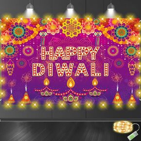 Happy Diwali LED Light Backdrop Banner Decorations, Indian Diwali Backdrop Banner Deepawali Festival of Lights LED Light Banner Decorations