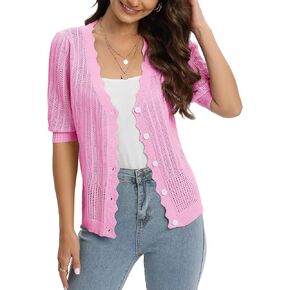 Womens Short Sleeve Knit Cardigan Sweater V Neck Button Down Crop Bolero Shrug Lightweight Crochet Tops Outwear Z-Black
