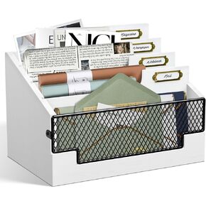 Rustic Mail Organizer Letter Sorter for Counter, Mail Holder Desktop File Organizer Holder, Countertop Desk Office Accessories Organizer for File Letter Paper Folder, White Wooden Desk Organizer
