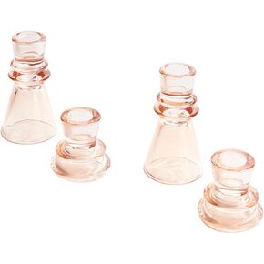 LampLust Glass Candlestick Holders, Set of 4 Blush Pink Glass Taper Candle Holders, 2.25 and 4.25 Inch Candle Holders for Home Decor, Coffee Table Decor, Table Centerpiece Decorations