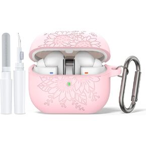 Sunflower Engraved Case for Galaxy Buds Pro 3 Case/Samsung Galaxy Buds 3 Case Cover(2024)，Flower Cute Soft Silicone Skin Full Protective Cover with Cleaner Kit & Keychain (Pink)