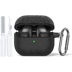 حافظة منقوشة بزهرة عباد الشمس لهاتف Galaxy Buds Pro 3 / حافظة Samsung Galaxy Buds 3 (2024)، غطاء حماية كامل من السيليكون الناعم اللطيف مع مجموعة منظف وسلسلة مفاتيح (وردي)
