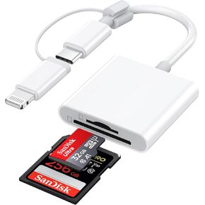 قارئ بطاقة SD لجهاز iPhone iPad، موصل USB C مزدوج وموصل Lightning قارئ بطاقة ذاكرة Micro SD، 2 في 1 محول قارئ بطاقة SD/TF عارض كاميرا Trail لهاتف iPhone 16 15 14 13 12 11 Pro Max XS XR X 8 7 iPad in Kuwait