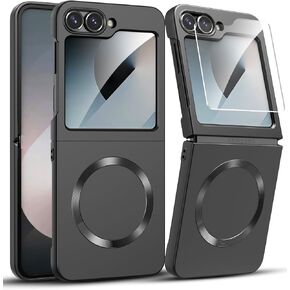 for Samsung Galaxy Z Flip 6 Case, Compatible with MagSafe, with Built-in Screen Protector, Flip6 Slim Hard Magnetic Phone Case, Black