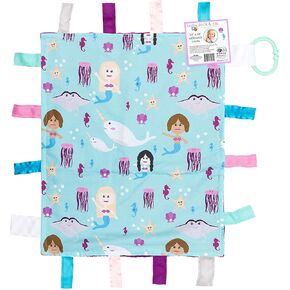 Baby Sensory, Security & Teething Closed Ribbon Tag Lovey Blanket with Minky Dot Fabric: 14"X18" (Mermaids and Narwhals)