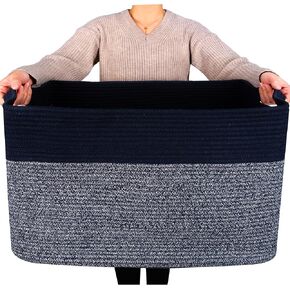 MINTWOOD Design 22in Extra Large Blanket Basket Holder Living Room, Towel Shoe Basket, Laundry Basket, Rectangle Rope Woven Storage Baskets with Handles, Dog Toy Basket Organizer Bin Box,Prussian Blue