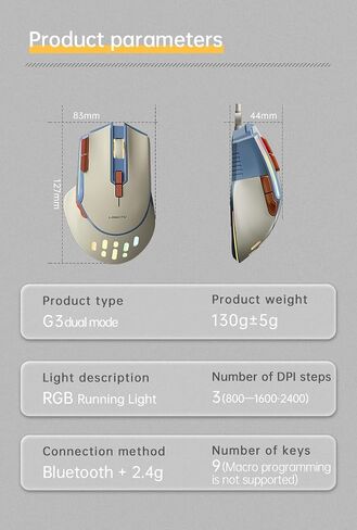 G3 Wired/Wireless Gaming Mouse with 12800DPI Optical Sensor/9 Programmable Macros, Custom Key Config with 9 Buttons and RGB Settings for Windows 7/8/10/11,Beige and Blue (Sky Blue, Wireless) in Saudi Arabia