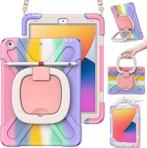 حافظة KENOBEE لجهاز iPad 10.2 بوصة الجيل التاسع / الثامن / السابع (2021/2020/2019)، غطاء مقاوم للصدمات ومقبض دوار 360 درجة وواقي شاشة مدمج وحزام كتف وحامل قلم، وردي قوس قزح in Saudi Arabia