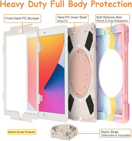 حافظة KENOBEE لجهاز iPad 10.2 بوصة الجيل التاسع / الثامن / السابع (2021/2020/2019)، غطاء مقاوم للصدمات ومقبض دوار 360 درجة وواقي شاشة مدمج وحزام كتف وحامل قلم، وردي قوس قزح in Saudi Arabia