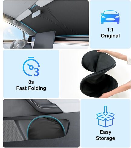 Tesla Model Y Windshield Sunshade Folding Front Window Sun Shade Cover Heat Protection Visor, for Tesla Model Y 2016~2024, Upgrade Tesla Model Y Accessories 2024 in Kuwait