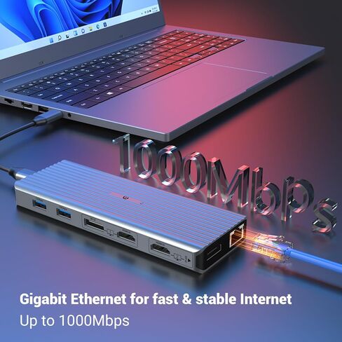 قاعدة توصيل 11 في 1، USB C HUB Dual 4K@60 هرتز، شاشة مزدوجة لمخرجات الفيديو، (3 USB 3.1 10 جيجابت/ثانية، 2 HDMI، 2 DP، 100W PD، 1000 ميجابت في الثانية إيثرنت وصوت) لأجهزة Windows وM1 Macs in Kuwait