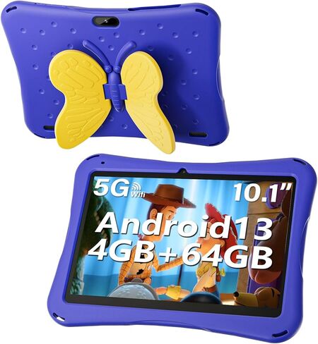SGIN 10 Inch Tablet for Kids, Android 13 Kids Tablet with Case, 4GB RAM 64GB ROM, 5000mAh, Dual Camera, 1280 * 800 Display, WiFi, KIDOZ Pre-Installed Toddlers Tablet, Yellow Butterfly Handle in Kuwait