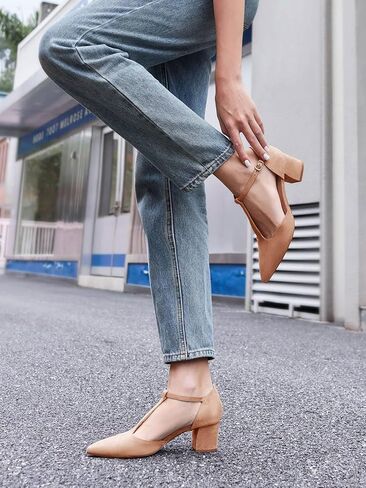 Huiyuzhi Women's T-Strap Pointed Toe Ankle Buckle Chunky Block Heel Pumps in Kuwait