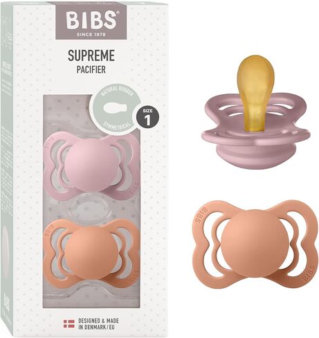لهايات BIBS - مجموعة سوبريم | لهاية أطفال خالية من مادة BPA | صنع في الدنمارك | مجموعة من 2 لهايات فاخرة باللون الوردي البرقوق/الخوخ | الحجم 0-6 أشهر in Saudi Arabia