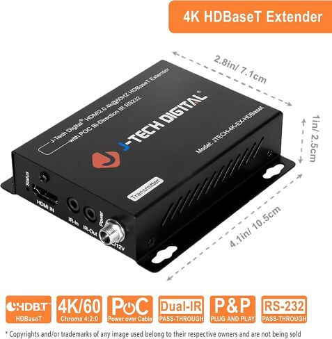 4K 120Hz HDMI Ethernet Extender Over Single Cat6A/7 Ethernet Cable Up to 120ft. Supports Bi-Directional IR HDMI 2.0 HDCP 2.3 EDID Bypass Digital Audio Formats by J-Tech Digital [JTECH-4K120EX] in Saudi Arabia