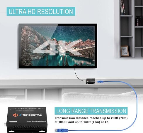 4K 120Hz HDMI Ethernet Extender Over Single Cat6A/7 Ethernet Cable Up to 120ft. Supports Bi-Directional IR HDMI 2.0 HDCP 2.3 EDID Bypass Digital Audio Formats by J-Tech Digital [JTECH-4K120EX] in Saudi Arabia