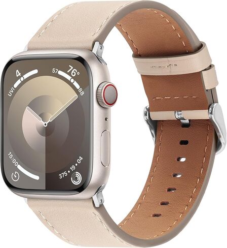 Compatible with Apple Watch Band 49mm 45mm 44mm 42mm 41mm 40mm 38mm Genuine Leather Wristband Replacement Band for iWatch Ultra SE Series 9 8 7 6 5 4 3 2 1 (42/44/45/49, Starlight) in Kuwait