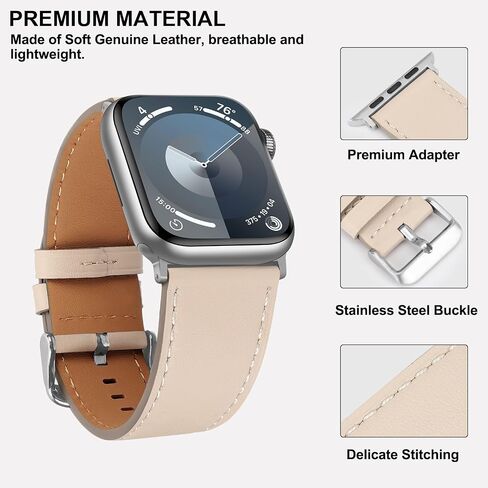 Compatible with Apple Watch Band 49mm 45mm 44mm 42mm 41mm 40mm 38mm Genuine Leather Wristband Replacement Band for iWatch Ultra SE Series 9 8 7 6 5 4 3 2 1 (42/44/45/49, Starlight) in Kuwait