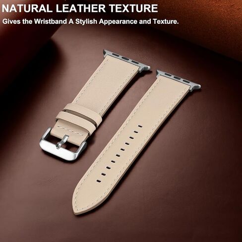 Compatible with Apple Watch Band 49mm 45mm 44mm 42mm 41mm 40mm 38mm Genuine Leather Wristband Replacement Band for iWatch Ultra SE Series 9 8 7 6 5 4 3 2 1 (42/44/45/49, Starlight) in Kuwait