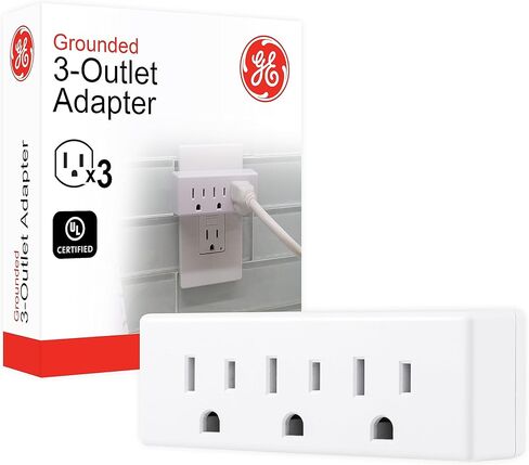 صنبور حائط موسع GE 3-Outlet، قابس محول مؤرض، تصنيف داخلي، 3 شوكات، مثالي للسفر، مدرج في قائمة UL، أبيض، 52203 in Saudi Arabia