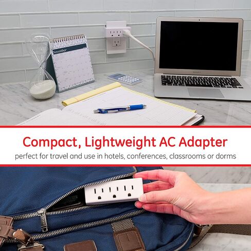 صنبور حائط موسع GE 3-Outlet، قابس محول مؤرض، تصنيف داخلي، 3 شوكات، مثالي للسفر، مدرج في قائمة UL، أبيض، 52203 in Saudi Arabia