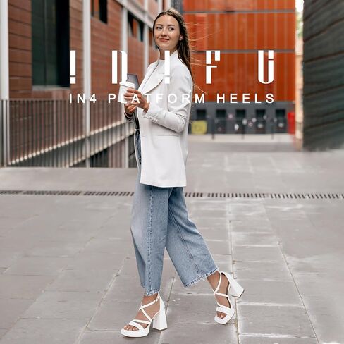 IDIFU IN4 Platform Heels for Women Chunky High Strappy Block Heels Dress Shoes for Women Comfortable Bridal Square Open Toe Wedding Dressy Heeled Sandals Ankle Strap Thick Heels- Run Half Size Larger in Saudi Arabia