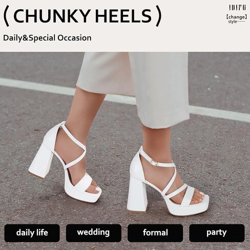 IDIFU IN4 Platform Heels for Women Chunky High Strappy Block Heels Dress Shoes for Women Comfortable Bridal Square Open Toe Wedding Dressy Heeled Sandals Ankle Strap Thick Heels- Run Half Size Larger in Saudi Arabia