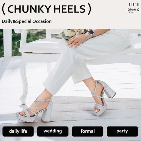 IDIFU IN4 Platform Heels for Women Chunky High Strappy Block Heels Dress Shoes for Women Comfortable Bridal Square Open Toe Wedding Dressy Heeled Sandals Ankle Strap Thick Heels- Run Half Size Larger in Saudi Arabia