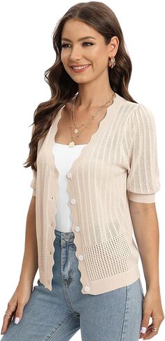 سترة نسائية محبوكة بأكمام قصيرة وياقة على شكل V وزر سفلي قصير بوليرو تتغاضى عن ملابس كروشيه خفيفة الوزن ملابس خارجية Z-أسود in Kuwait