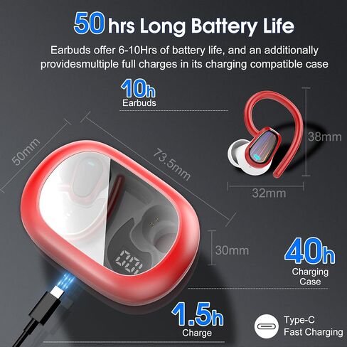 OYIB Wireless Earbuds Bluetooth 5.4 Headphones Sport, 50H Bluetooth Earbuds with Earhooks, Over Ear Bud Deep Bass with ENC Mic, IP7 Waterproof Wireless Earphone for Workout/Running, RED in Saudi Arabia