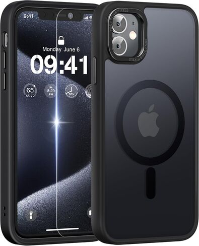 RFUNGUANGO for iPhone 11 Case Compatible with Magsafe, with 2X Tempered Glass Screen Protector, 2X Camera Lens Protector, 360° Full Body Shockproof Heavy Dropproof, Mysterious Black in Kuwait