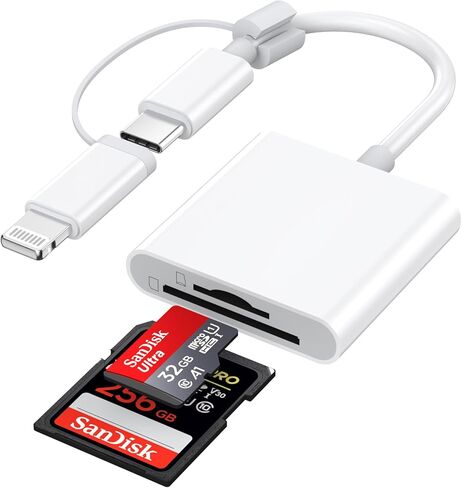 قارئ بطاقة SD لجهاز iPhone iPad، موصل USB C مزدوج وموصل Lightning قارئ بطاقة ذاكرة Micro SD، 2 في 1 محول قارئ بطاقة SD/TF عارض كاميرا Trail لهاتف iPhone 16 15 14 13 12 11 Pro Max XS XR X 8 7 iPad in Kuwait