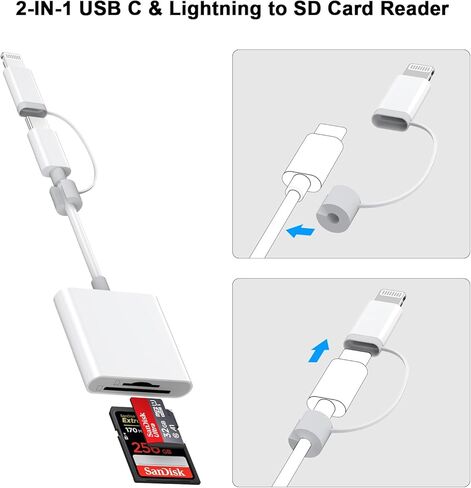 قارئ بطاقة SD لجهاز iPhone iPad، موصل USB C مزدوج وموصل Lightning قارئ بطاقة ذاكرة Micro SD، 2 في 1 محول قارئ بطاقة SD/TF عارض كاميرا Trail لهاتف iPhone 16 15 14 13 12 11 Pro Max XS XR X 8 7 iPad in Kuwait