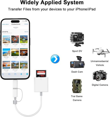 قارئ بطاقة SD لجهاز iPhone iPad، موصل USB C مزدوج وموصل Lightning قارئ بطاقة ذاكرة Micro SD، 2 في 1 محول قارئ بطاقة SD/TF عارض كاميرا Trail لهاتف iPhone 16 15 14 13 12 11 Pro Max XS XR X 8 7 iPad in Kuwait
