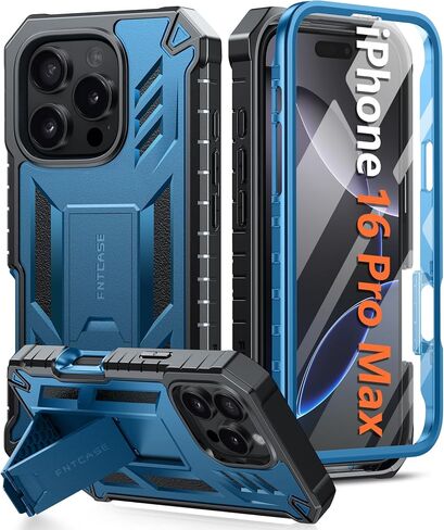 FNTCASE for iPhone 16 Pro-Max Case: Military Grade Drop Proof Protection Mobile Cover with Kickstand | Matte Textured Rugged Shockproof TPU | Protective Sturdy Phone Case - 6.9 inch Black in Saudi Arabia