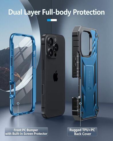 FNTCASE for iPhone 16 Pro-Max Case: Military Grade Drop Proof Protection Mobile Cover with Kickstand | Matte Textured Rugged Shockproof TPU | Protective Sturdy Phone Case - 6.9 inch Black in Saudi Arabia