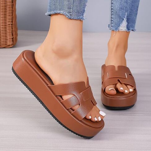 TOCONFFON Women's Flat Sandals Comfortable Platform Slides Sandals Casual Summer Beach Slip On Sandals with Soft PU Leather in Saudi Arabia