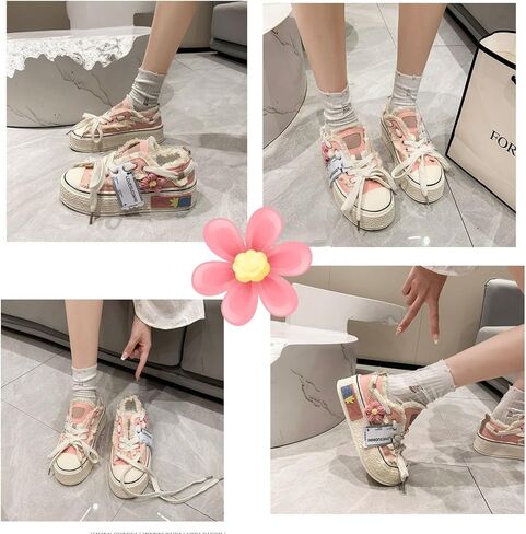 Floral Canvas Platform Shoes - Chunky Sneakers for Women, Aesthetic Platform Shoes, Kawaii Sneakers, Y2k Aesthetics in Saudi Arabia