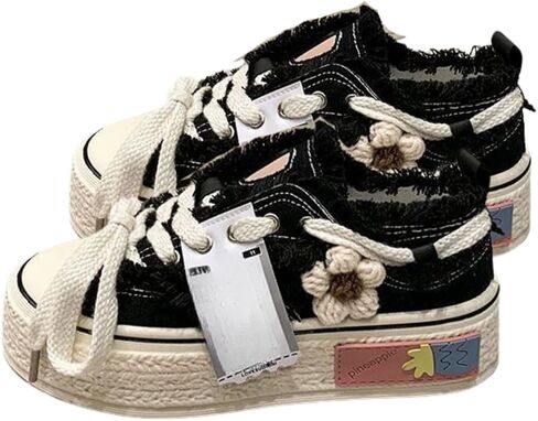 Floral Canvas Platform Shoes - Chunky Sneakers for Women, Aesthetic Platform Shoes, Kawaii Sneakers, Y2k Aesthetics in Saudi Arabia