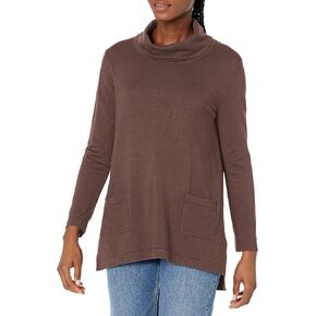 Women's Three Quarters Sleeve 2-Pocket Cowl Collar Hi-lo Sweater Tunic