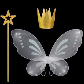 Sratte 3 Pcs Fairy Wand and Crown Fairy Costumes Set, Angel Star Wand Gold Crown Hats Fairy Wings Dress up Wings Paper Crowns for Dress up Birthday 100th Day of School Party Favor Gift for Girls Women