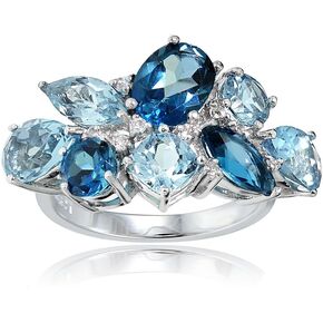 Sterling Silver Genuine London Blue, Blue Topaz, and White Topaz Cluster Tonal Ring