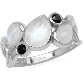 Silvershake Natural Moonstone and Black Spinel 925 Sterling Silver Leaf Vintage Ring