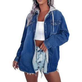 CYLADY Women's Hooded Zip Up Denim Shacket Casual Oversized Jean Jackets Vintage Denim Shirt