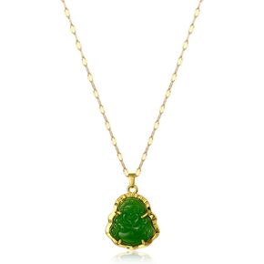 JczR.Y Maitreya Buddha Necklace Titanium Steel Laughing Buddha Necklace Imitation Chalcedony Green Jade Cubic Zirconia Gemstone Lucky Amulet Jewelry for Women Men