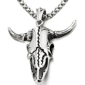 COOLSTEELANDBEYOND Stainless Steel Vintage Goat Bull Skull Pendant Necklace for Man, 30 inches Chain, Gothic Tribal