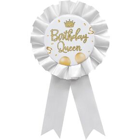 Birthday Queen Tinplate Badge Pin White Satin Fabric Happy Birthday Themed Button Pin Party Decorations Award Ribbon Badge Pin